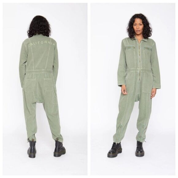 Free People x Sandrine Rose Zip Embroidered Denim Jumpsuit "California" in Army - Picture 7 of 8